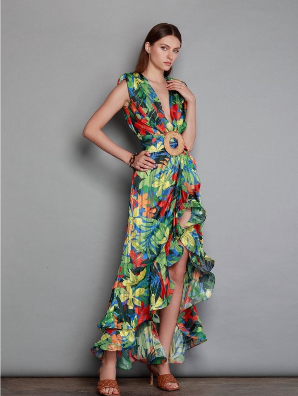 Bronx and Banco Tropics Red Belted Ruffle Maxi Dress In Green Multi
$620